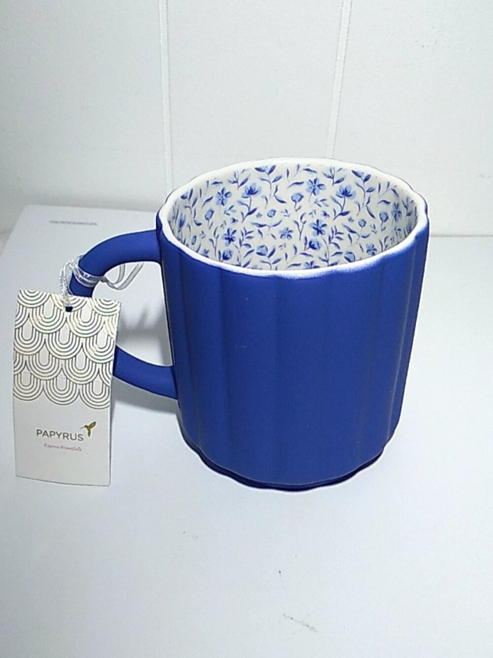 Papyrus 20oz Soft Touch Ceramic Mug Blue Exterior with Floral Interior 3.5"x 4"